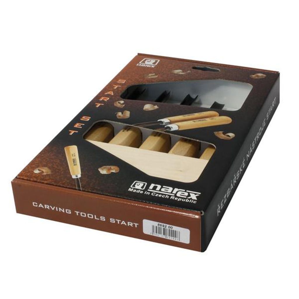 A product box for a Narex carving tools start set, showing the tools inside.