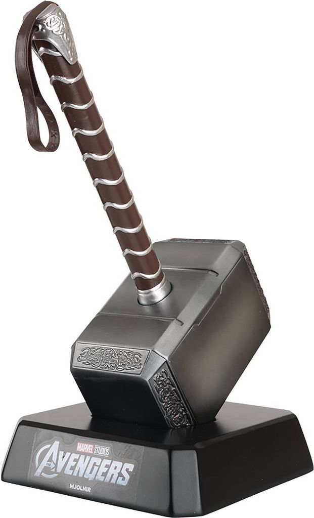 A replica of Thor's hammer, Mjolnir, displayed on a black base.