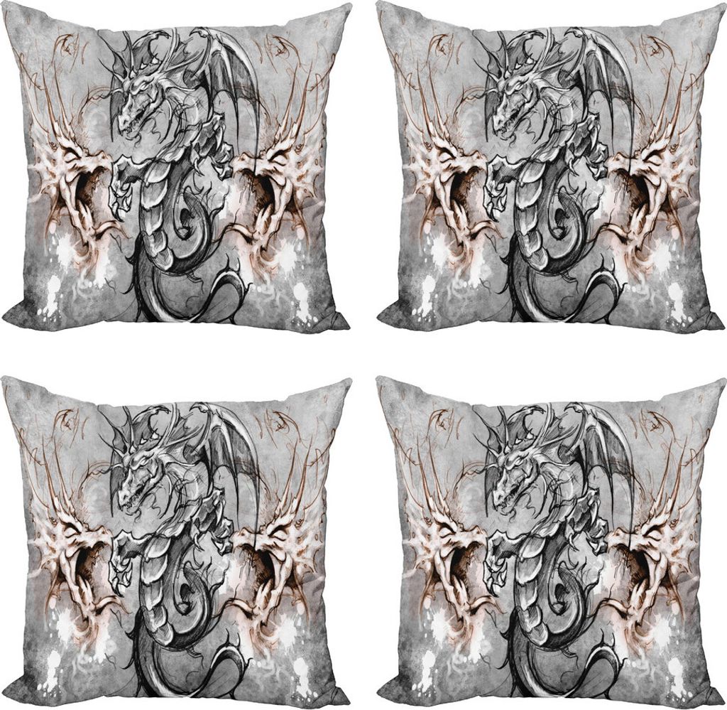 ABAKUHAUS Drachen Kissenbezug Set (4 Stück), Scary Creature Sketch, Moderner Doppelseitiger Digitaldruck, 40 cm x 40 cm, grau Umber