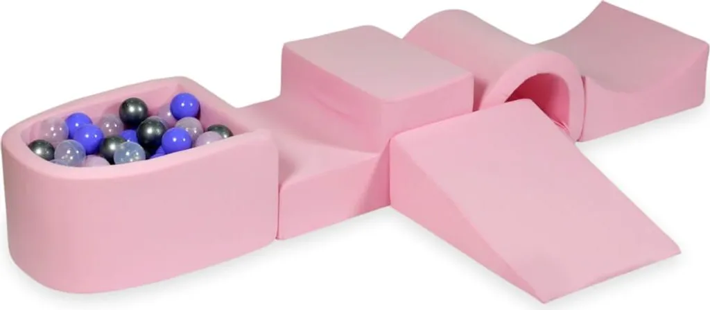 Aire de jeux intérieure bébé : piscine à balles et pont rose poudré