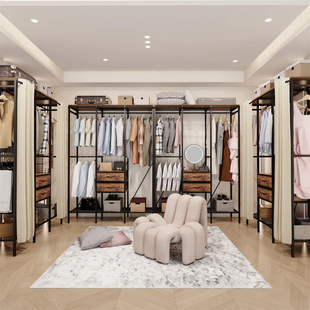 Dressing Ouvert Design Industriel en Métal avec Étagères de Rangement