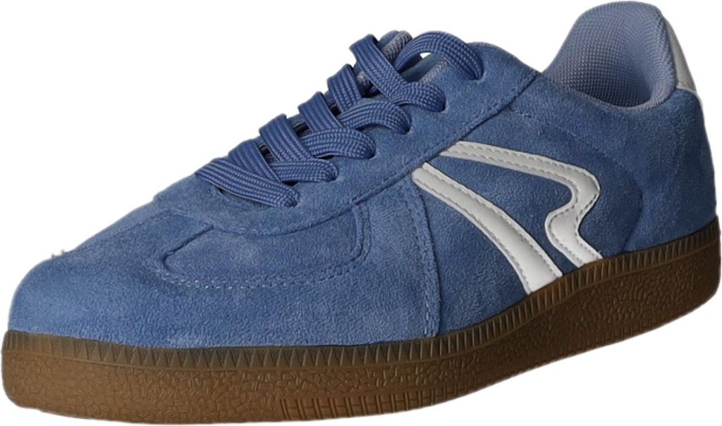A single blue sneaker with white accents and a brown sole is shown against a white background.