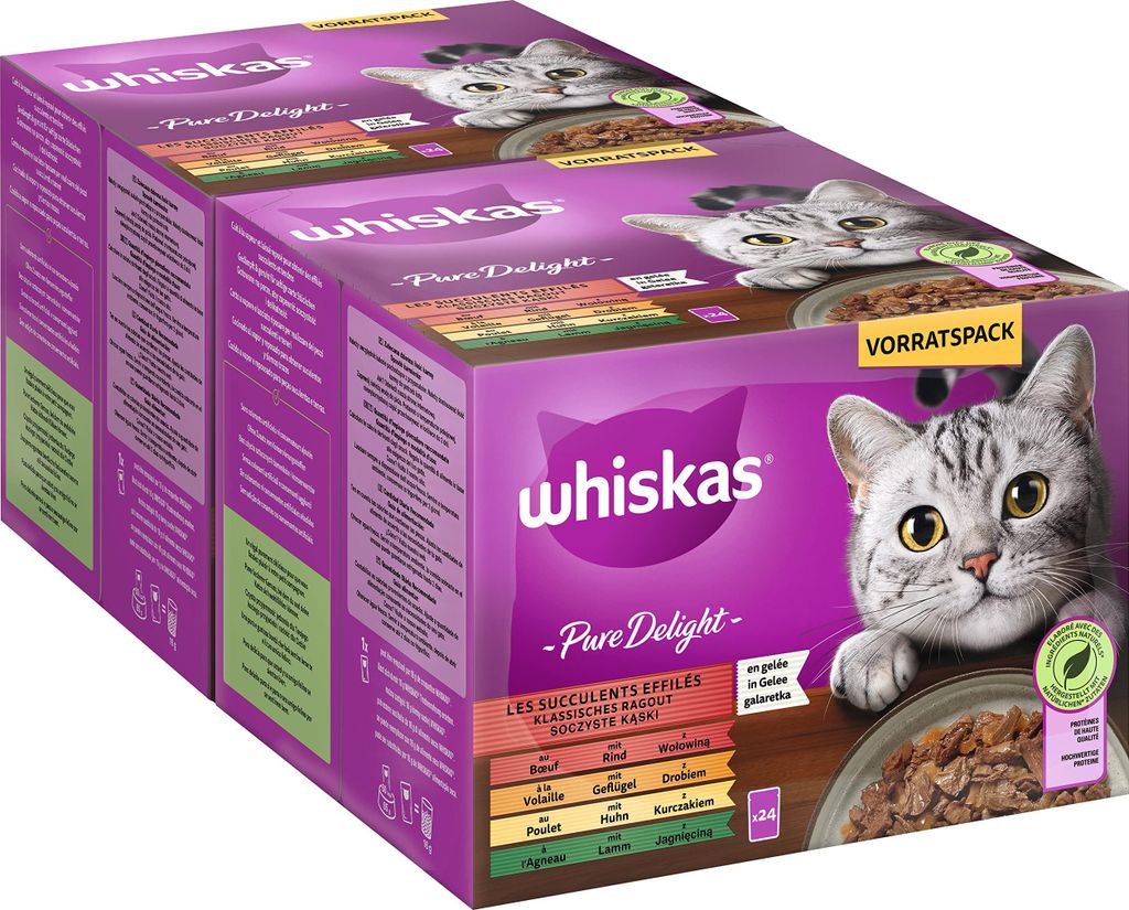 Whiskas Adult Pure Delight juicy bites - Nassfutter für ausgewachsene Katzen mit Rind, Huhn, Lamm und Geflügel in Gelee, 24 Beutel à 85 g (2er P...