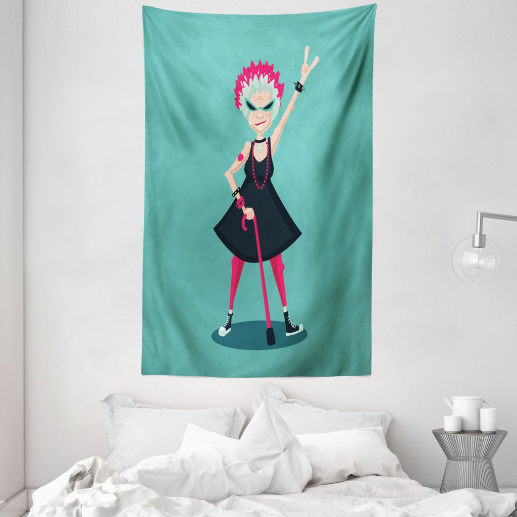ABAKUHAUS Pensionierung Wandteppich und Tagesdecke, Rocker alte Dame aus Weiches Mikrofaser Stoff Waschbar ohne Verblassen Digitaldruck, 140 x 230 ...