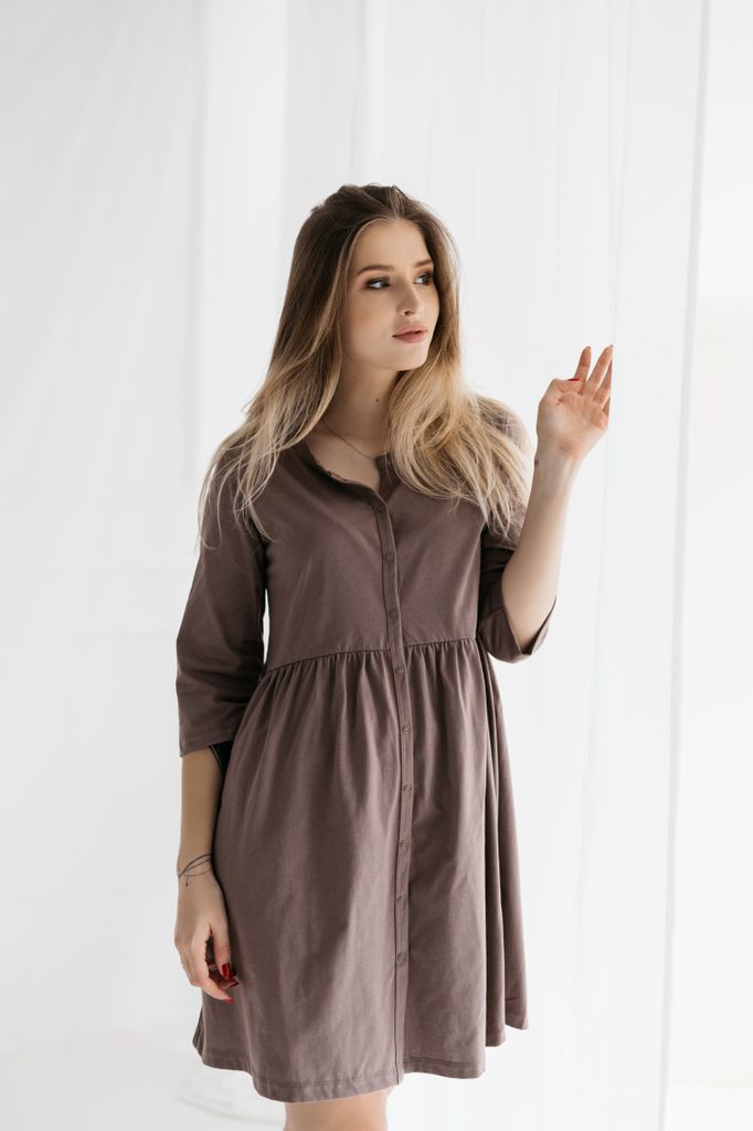 DOLCE SONNO Stillnachthemd – Umstandsnachthemd mit 3/4-Ärmeln für Schwangere und Stillende - 100% Baumwolle - PARIS TAUPE M