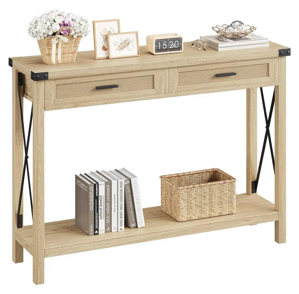 Console gain de place 109 cm bois rotin pour ranger une entrée étroite