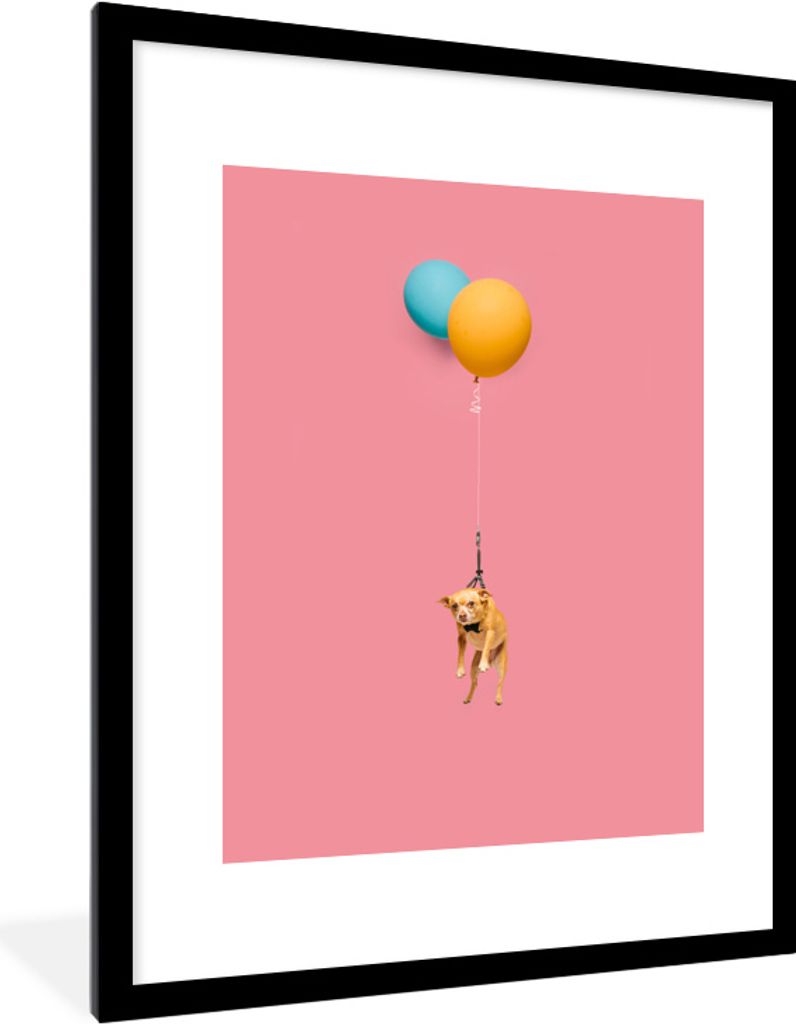 MuchoWow MuchoWow Gerahmtes Poster Fliegender Hund auf zwei Luftballons 60x80 cm - Poster mit zchwarzem Bilderrahmen - Wohnzimmer - Dekoratione...