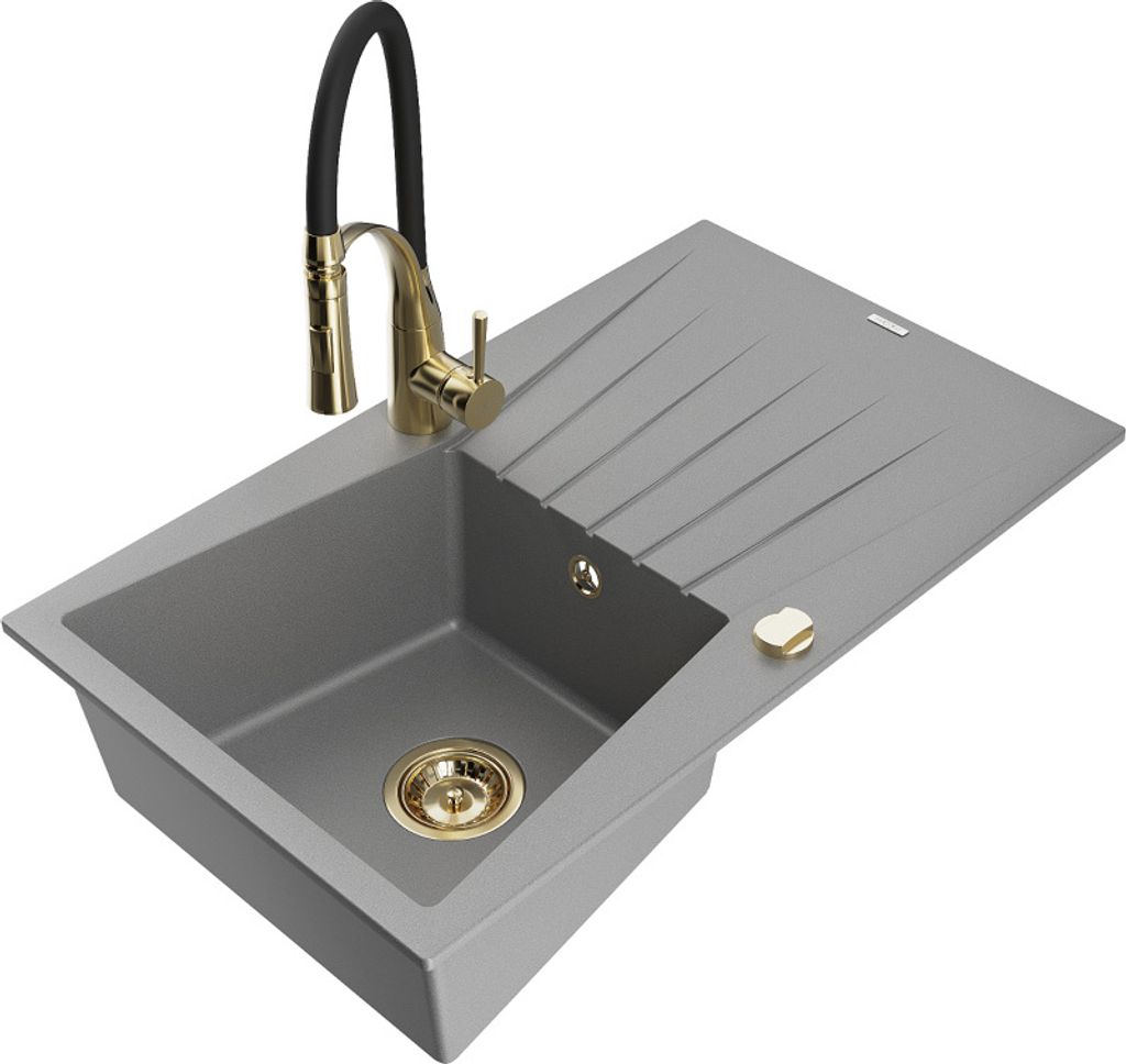 Mexen Cesar 1 Becken-Granitspüle mit Abtropffläche und Mischbatterie Aster, Grau - 6514-71-73450-57-G