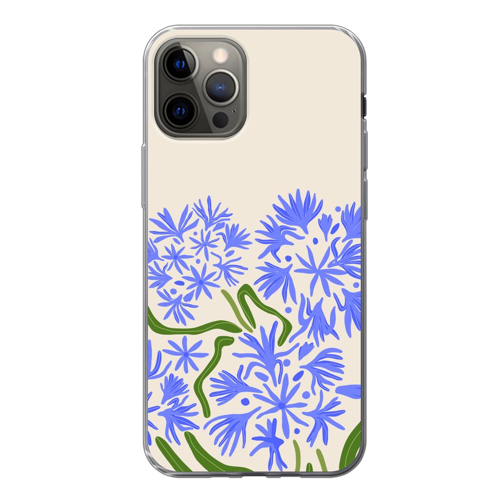 MuchoWow Handyhülle Schutzhülle Hülle für iPhone 12 Pro Blume - Blau - Blatt - Einfach Silikon Softcase Handy Hülle - Abdeckung