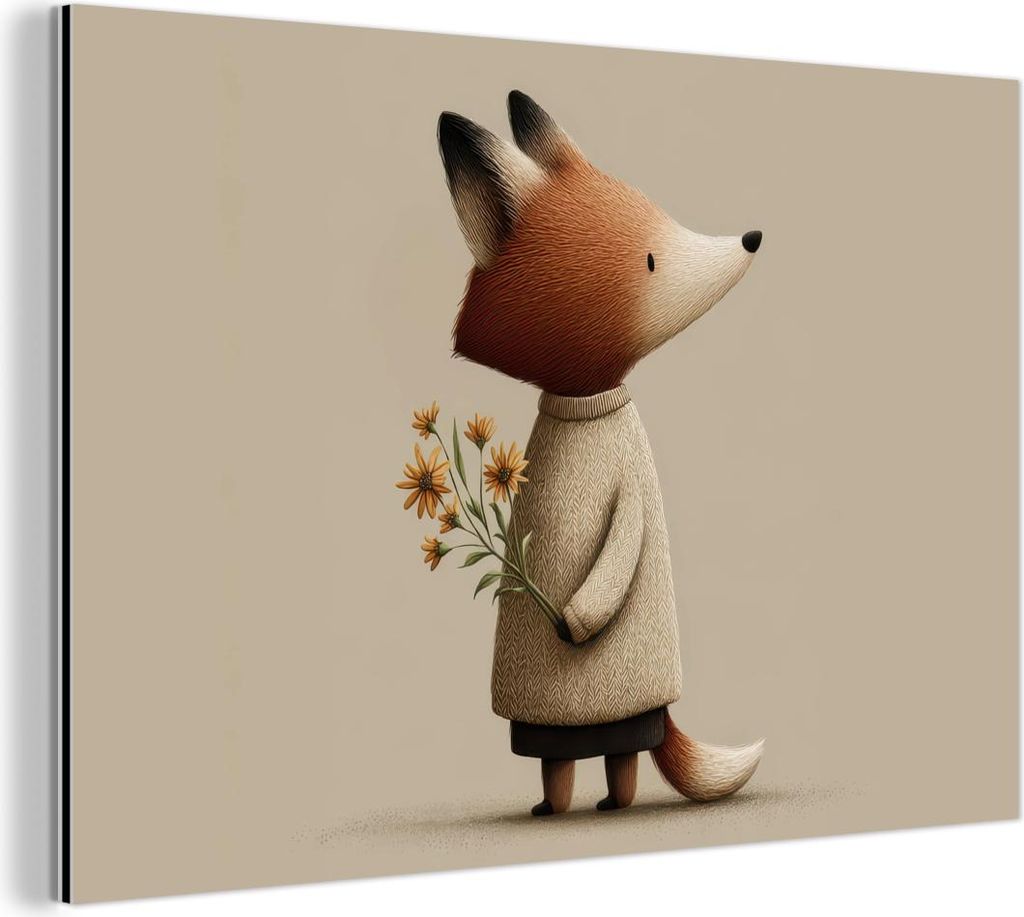 MuchoWow Wanddekoration Metall Metallbild Wandkunst 150x100 cm Fuchs - Gelbe Blumen - Minimalistisch MuchoWow Aluminium Gemälde - Alu Dibond Bild