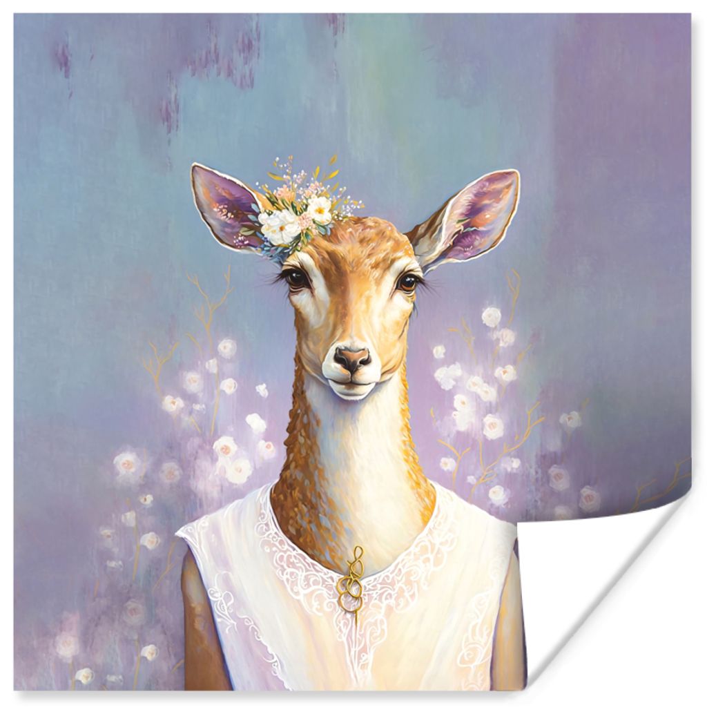 MuchoWow Poster Hirsche - Blumen - Gemälde - Porträt - Tiere 50x50 cm - Wohnzimmerdekoration