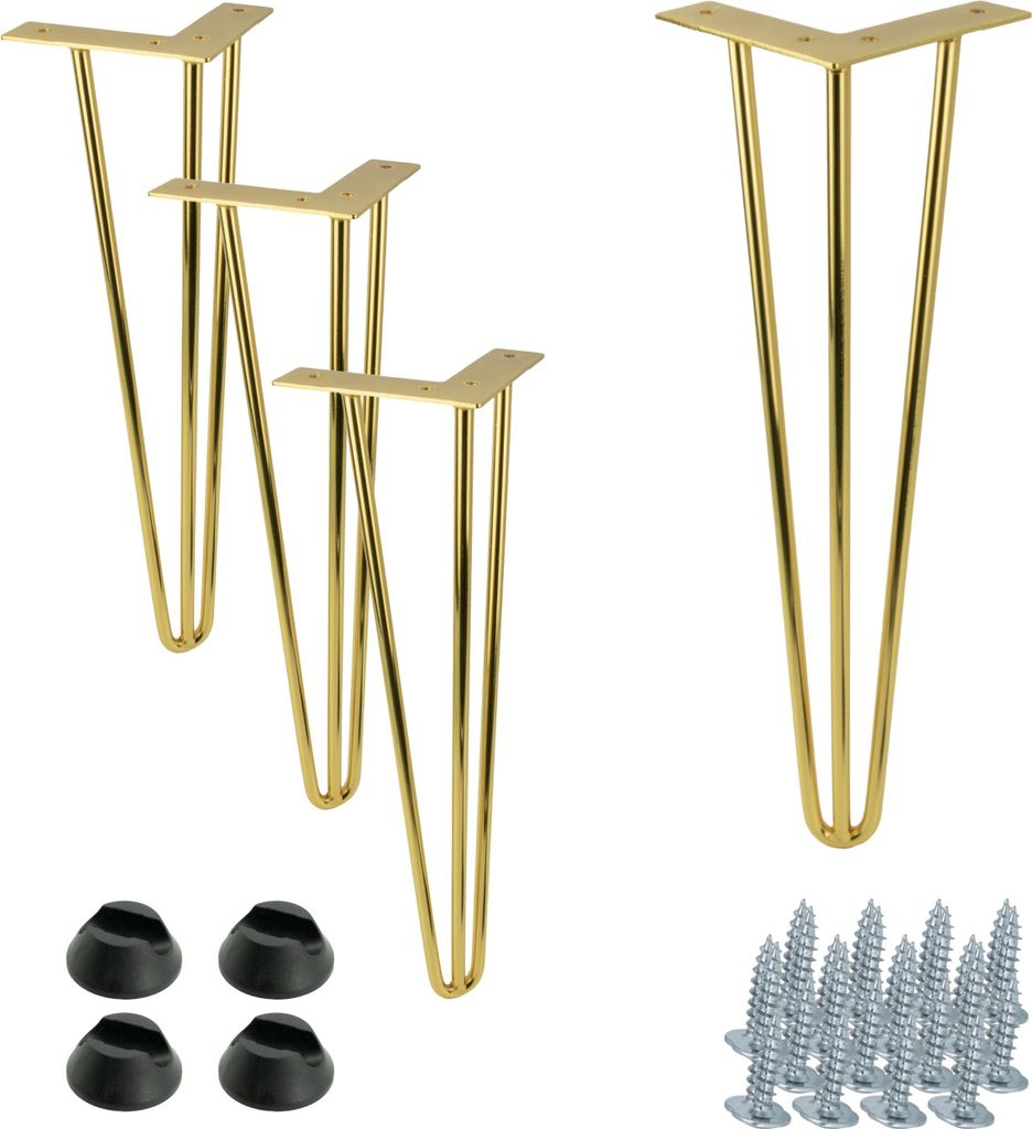 Elegantes Set von 4 Möbelbeinen im Hairpin-Stil aus goldglänzendem Metall, Höhe 41 cm – ideal für Tische, Bänke und moderne Einrichtung.