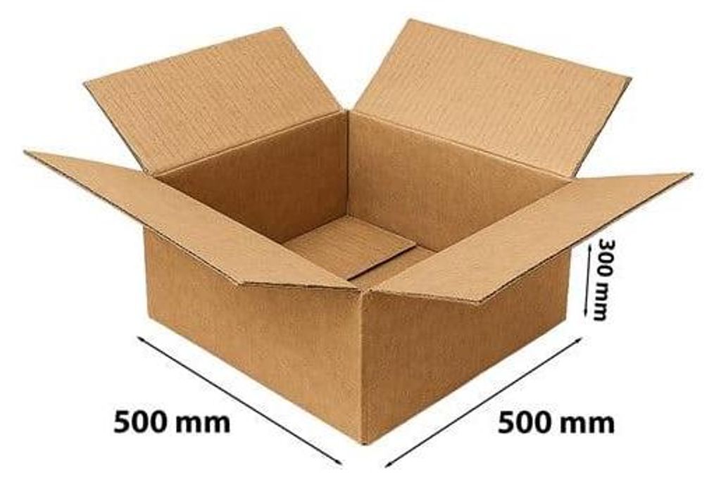 An open, empty cardboard box with dimensions indicated.