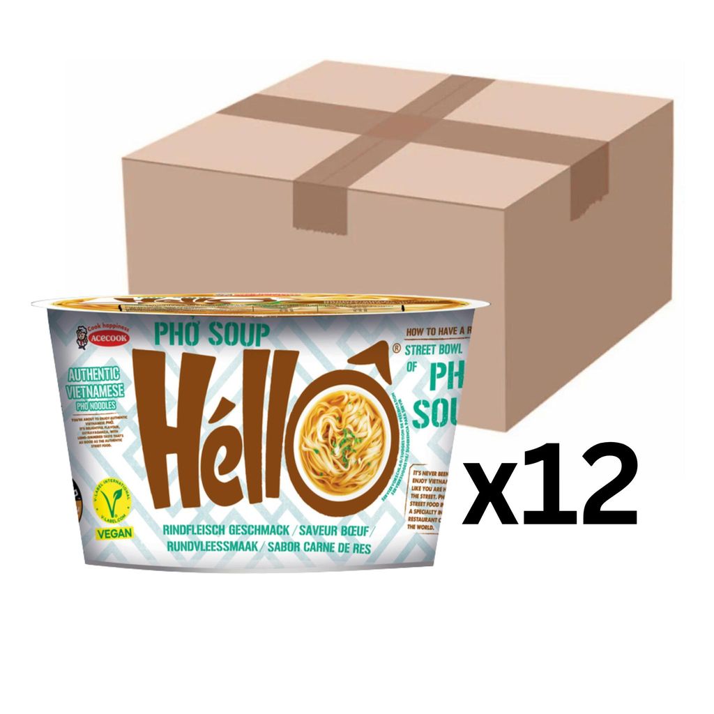 12er-Pack Acecook Pho Soup Hello Instant Reisnudeln Rind Cup 70g