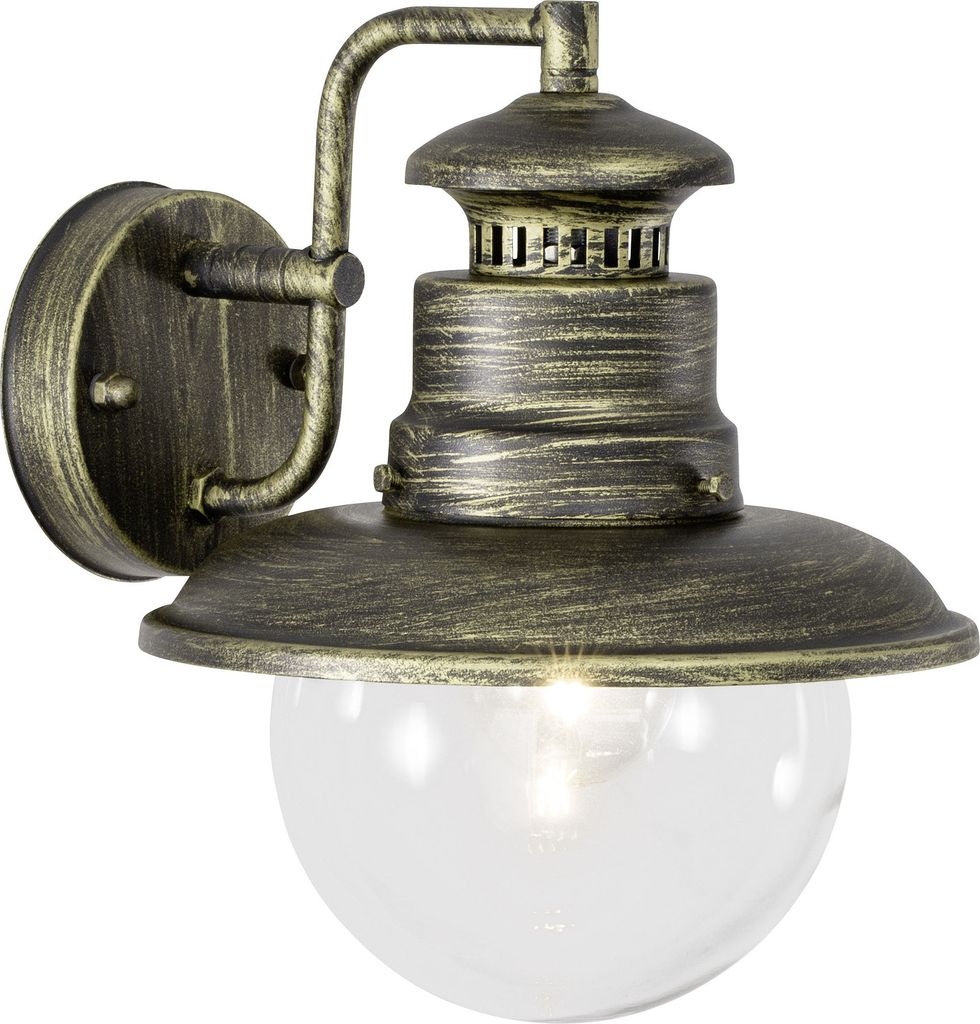 A rustic-style outdoor wall lamp with a black and gold brushed finish and a clear glass globe.
