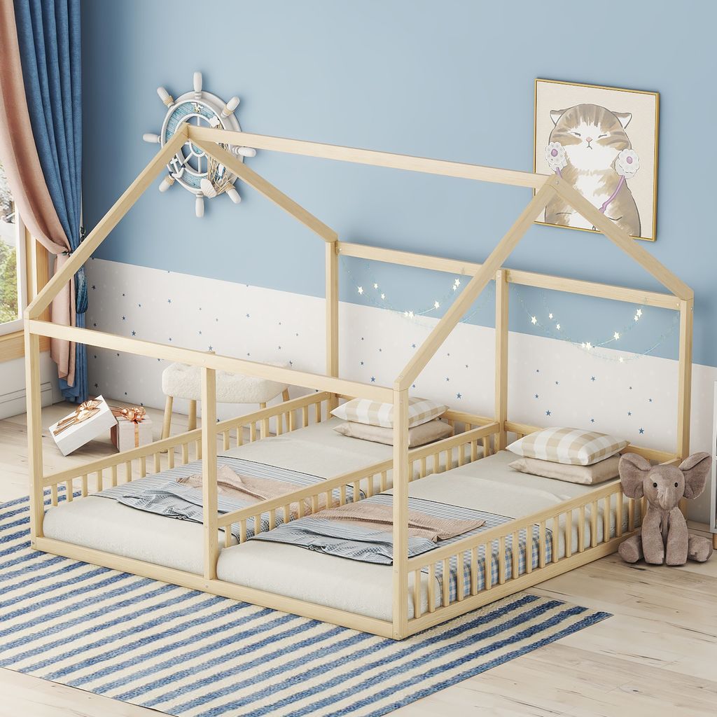 STILVORA Kinderbett 90x200 Jugendbett 2-in-1 mit Lattenrost, stabiles Holz-Bettgestell im Hausdesign, einfach zu montieren, Natur (mit Matratze)