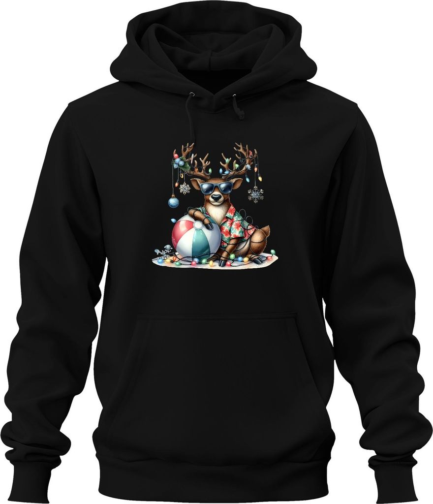 Weihnachtsrentier Sonnenbrille Hawaiihemd Strandball Lichterkette Uni Hoodie Kapuzenpullover, Schwarz, XL