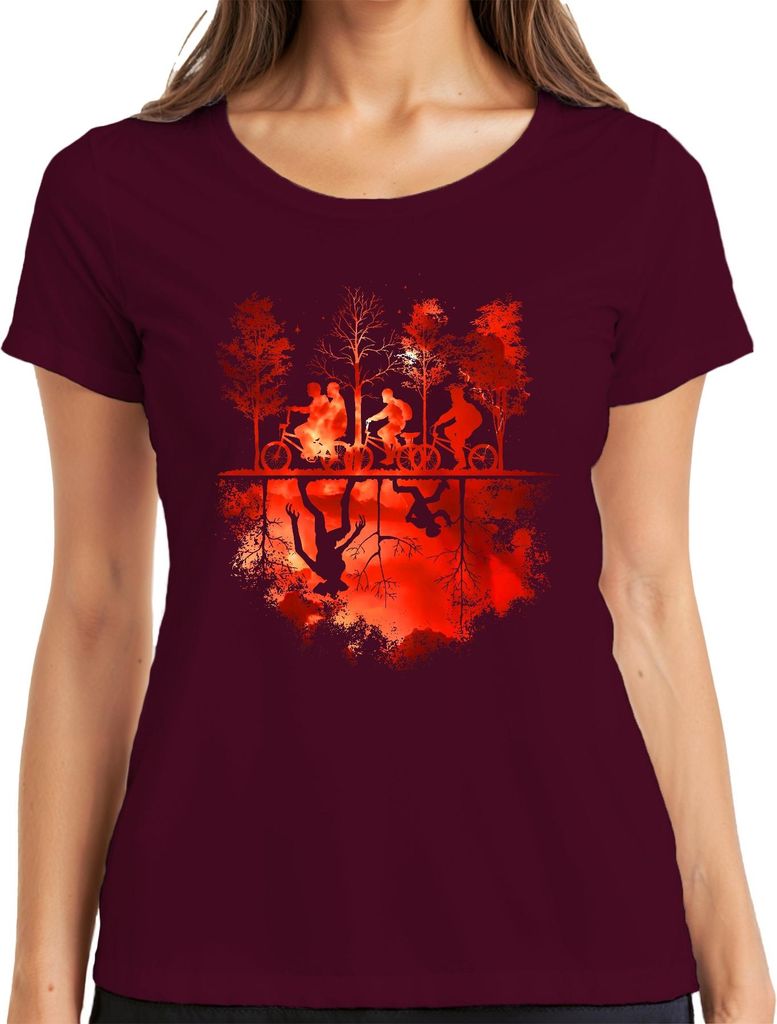 Upside Down Fahrräder Kinder Wald Monster Horror 80er Retro Damen T-Shirt, Burgundy, XL