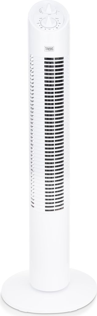 A white tower fan on a white circular base against a white background.