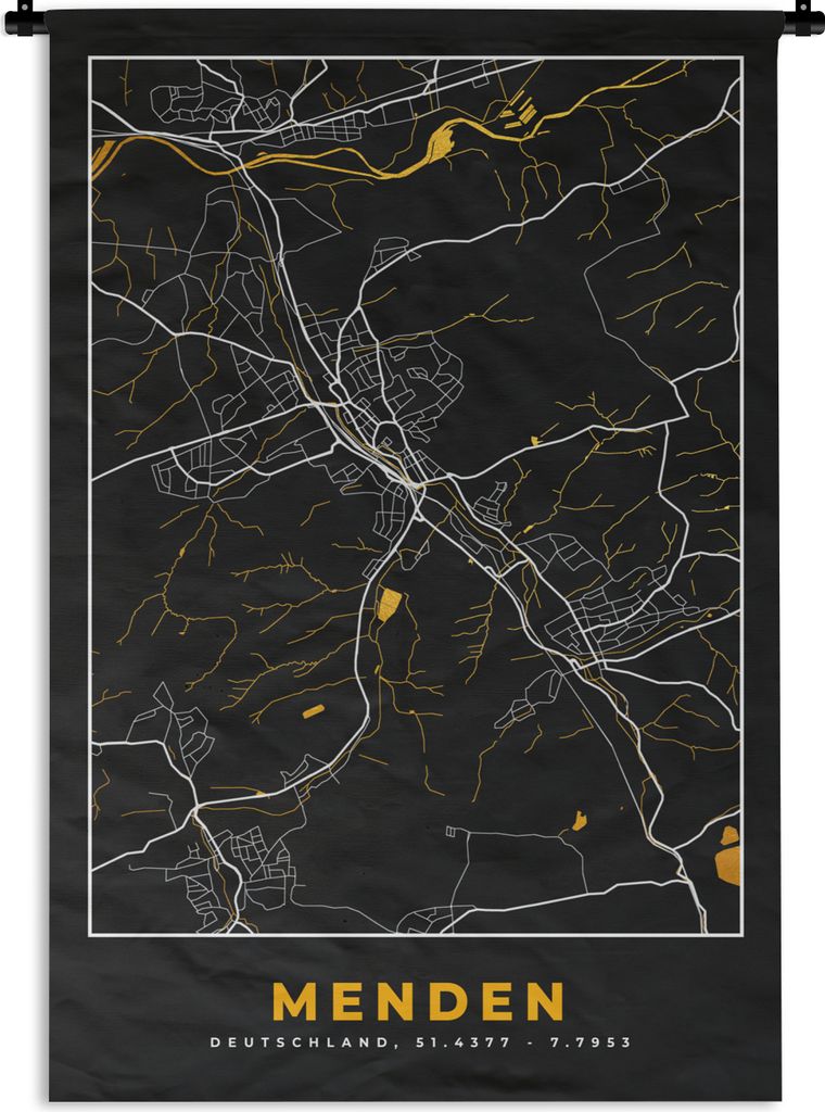MuchoWow Wandteppich Wandbehang Stadtplan - Deutschland - Gold - Menden - Karte 90x135 cm Tapisserie Dekoration Wandtuch - Baumwolle - Wandskulptur