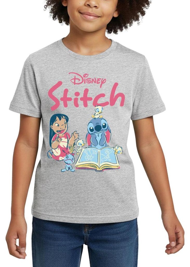 Lilo & Stitch Mit Buch Kinder T-Shirt, 110/116 (5-6 Jahre), Grau meliert