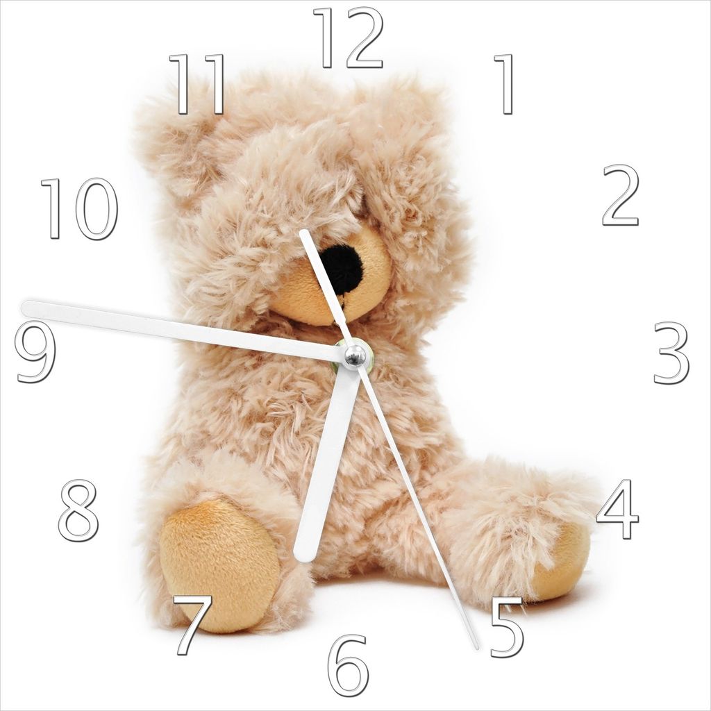 Wallario Design Wanduhr Süßer Teddybär aus Echtglas, Größe 20 x 20 cm