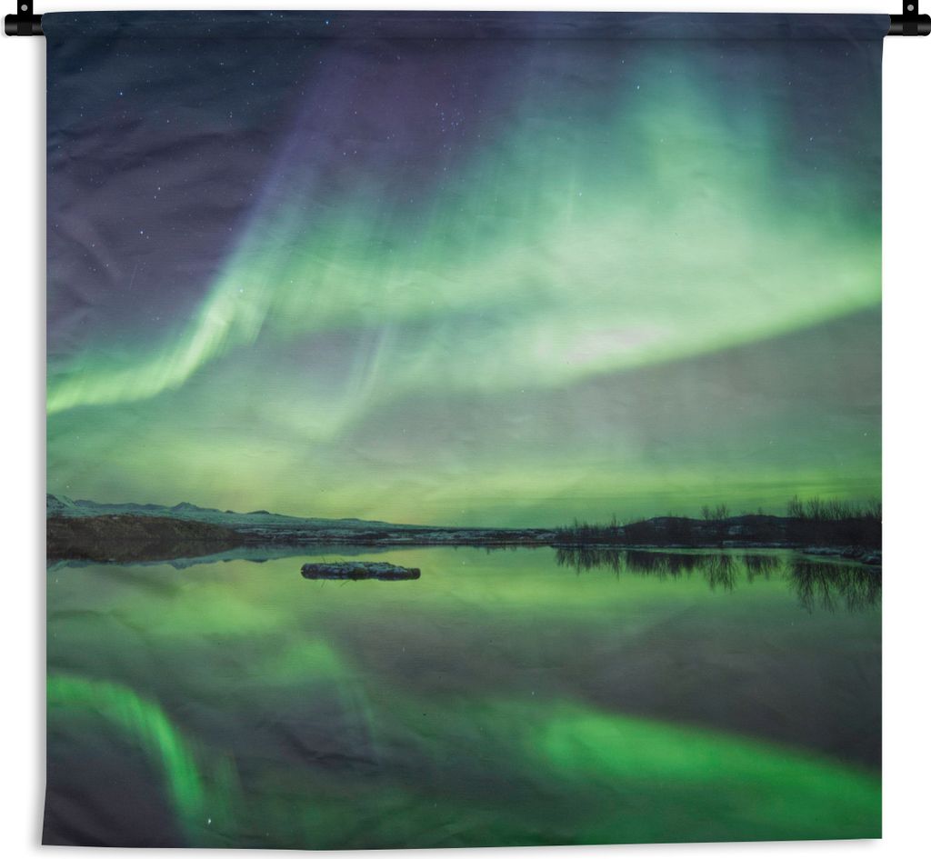 MuchoWow Wandteppich Wandbehang Nordlicht - See - Island - Grün - Wald - Schnee 60x60 cm Tapisserie Dekoration Wandtuch - Dekorationen - Wand Decke
