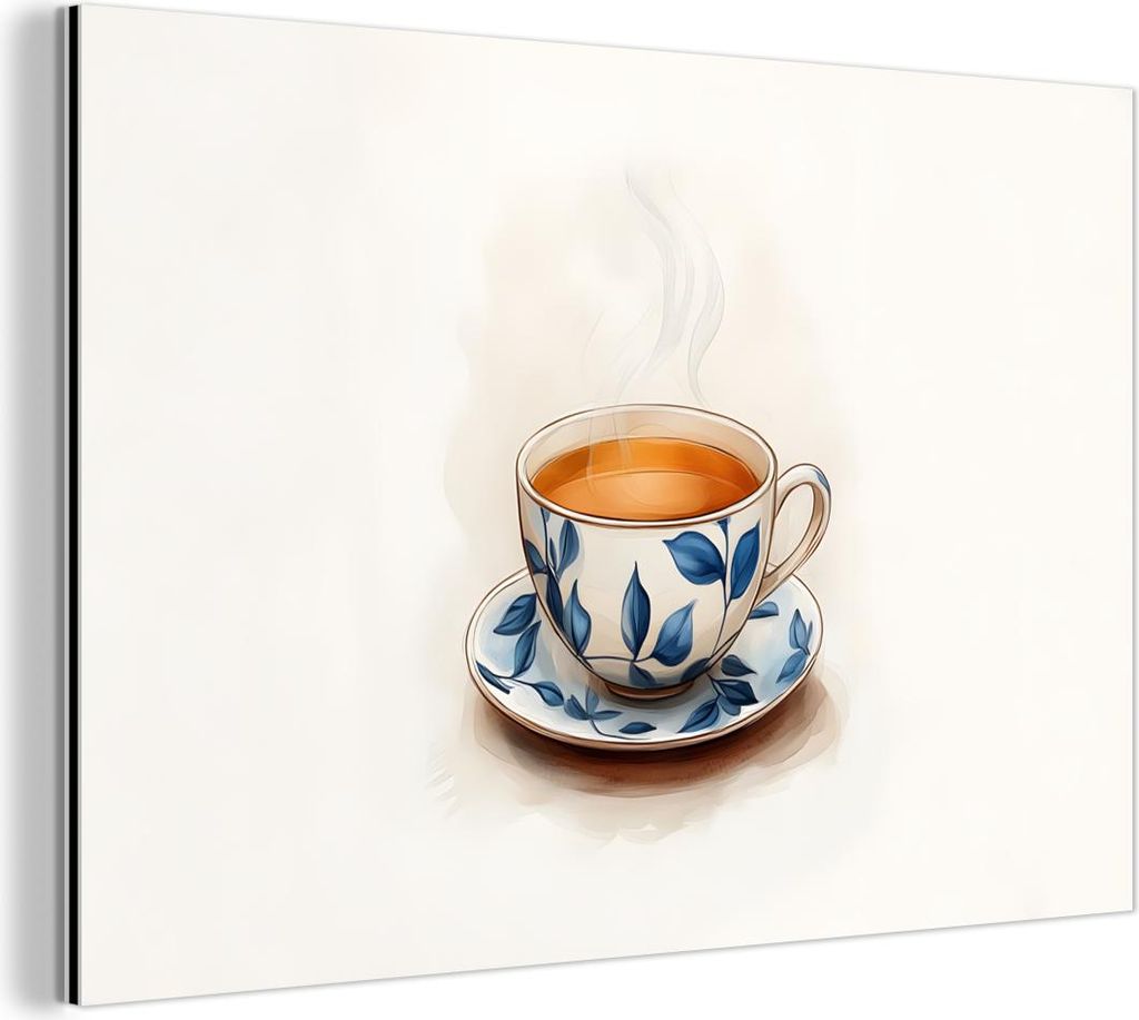 MuchoWow Wanddekoration Metall Metallbild Wandkunst 30x20 cm Teetasse - Blätter - Blau MuchoWow Aluminium Gemälde - Aluminiumgemälder