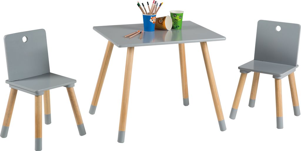 A child's table and two chairs set on a white background.