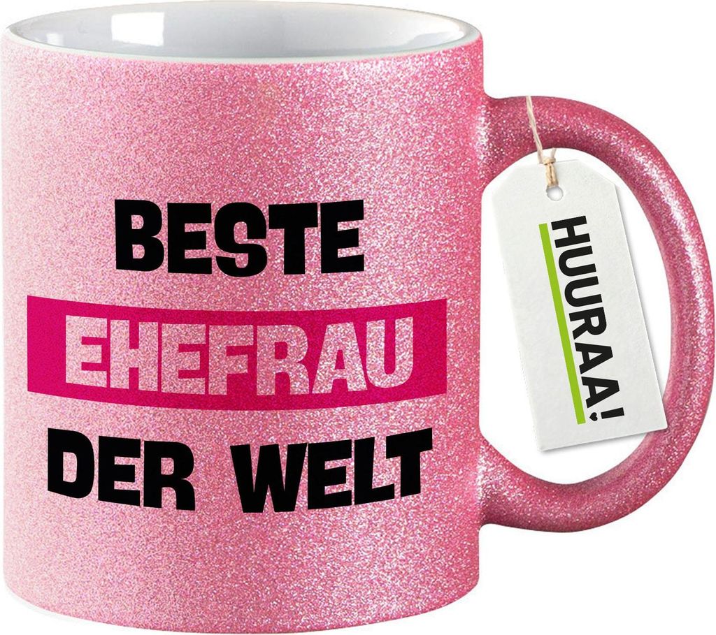 Huuraa Glitzertasse Beste Ehefrau der Welt 330ml Pink Keramik Kaffeebecher Geschenkidee