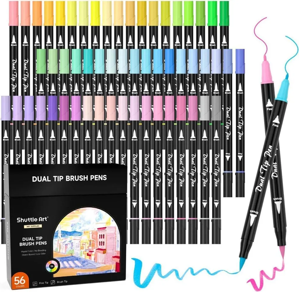 Set de 56 feutres pastels à double pointe pinceau et pointe fine