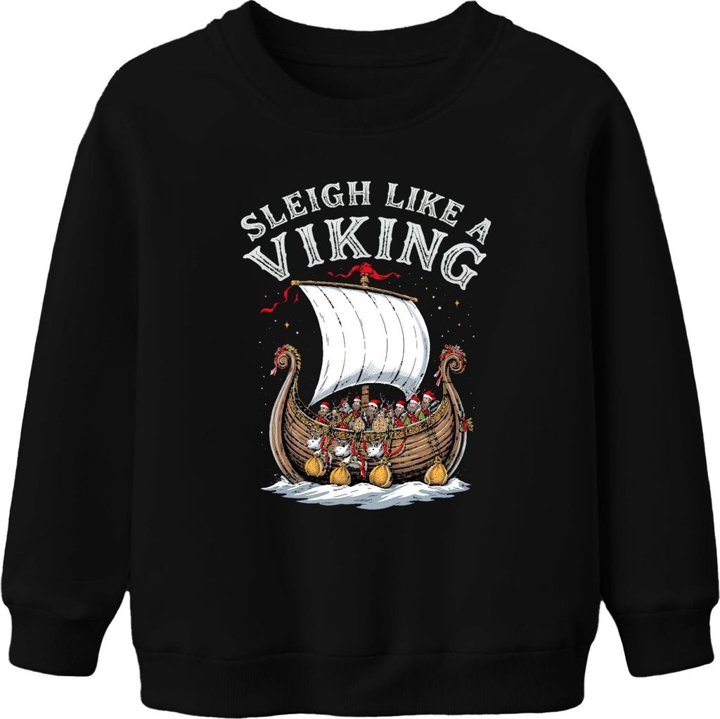Sleigh Like A Viking Wikinger Schiff Weihnachten lustig Retro Uni Kinder Sweatshirt Pullover, Schwarz, 104