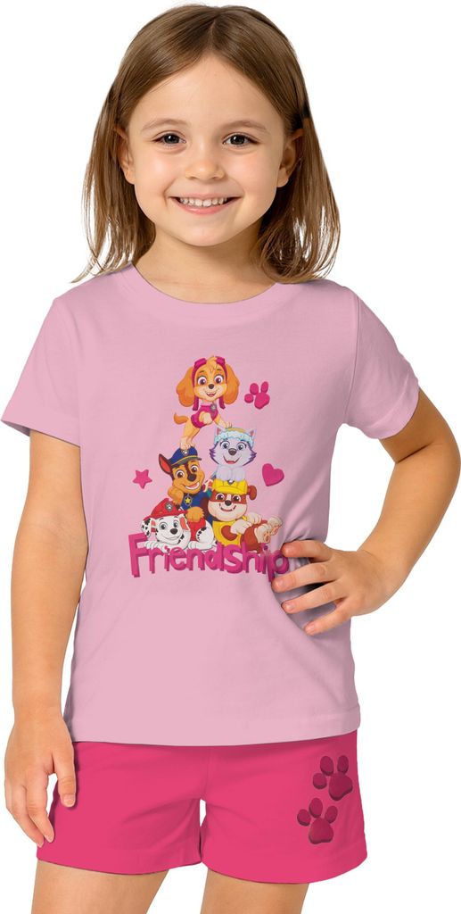 Paw Patrol Schlafanzug für Mädchen - Friendship - Kinder Pyjama Set Kurzarm Oberteil mit Hose Rosa 122-128