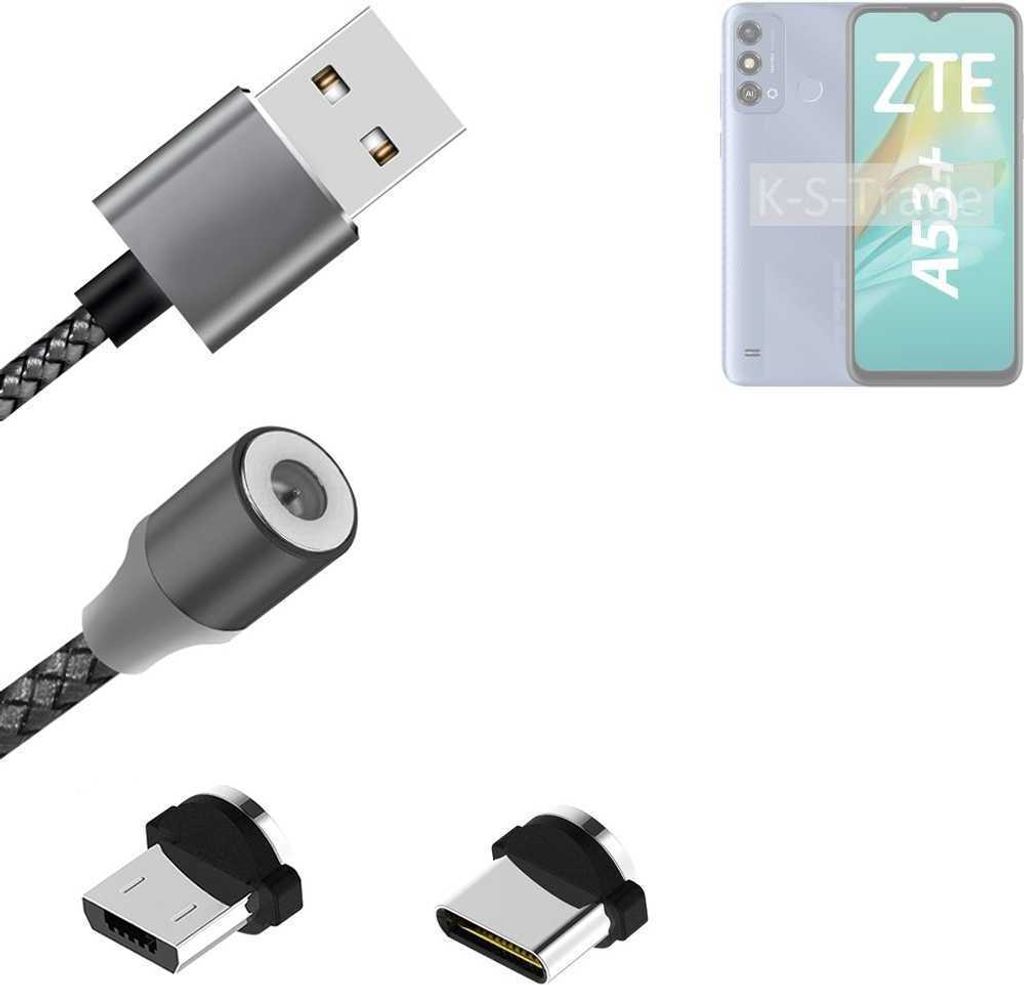 K-S-Trade Hochwertiges Magnet-Lade-kabel Sync-Kabel Daten-Kabel kompatibel mit ZTE Blade A53+ mit USB-Typ-C-Anschluss und Micro-USB-Anschluss 2A bis