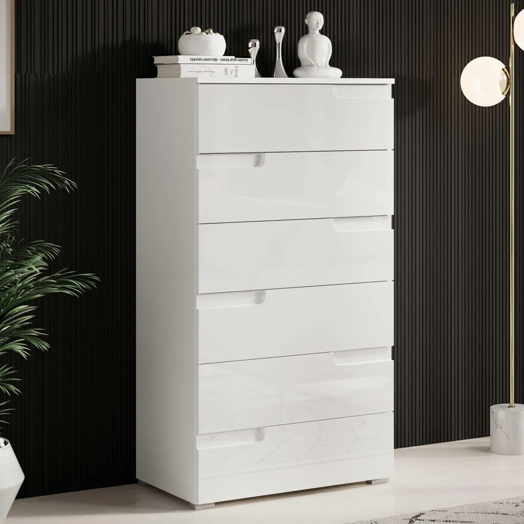 Rangement chambre : Commode 6 tiroirs blanc brillant gain de place 65cm
