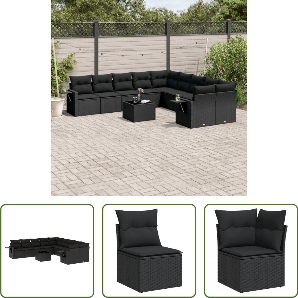 The Living Store 11-tlg. Garten-Sofagarnitur mit Kissen Schwarz Poly Rattan