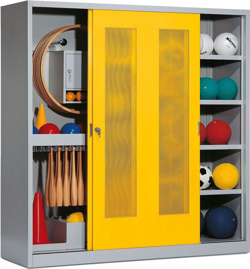 C+P Sportgeräteschrank mit Lochblech-Schiebetüren (Typ 5), HxBxT 195x190x60 cm, Verkehrsgelb (RAL 1023), Lichtgrau (RAL 7035), Gleichschließung