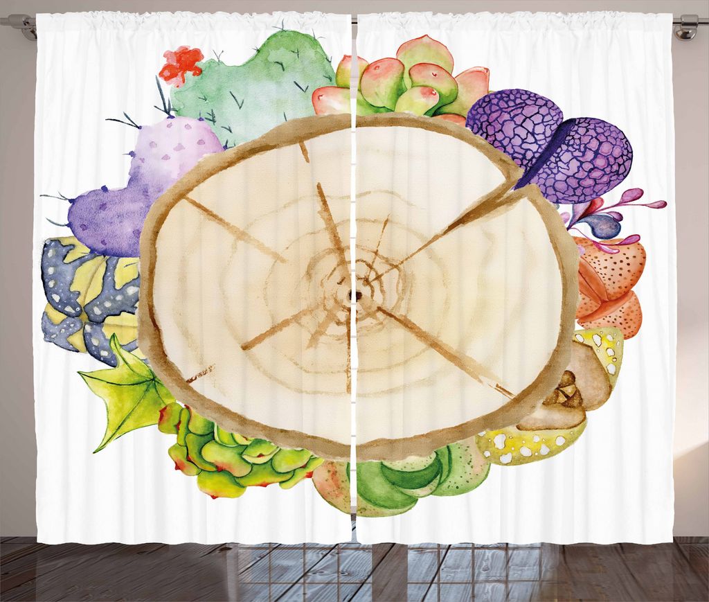 ABAKUHAUS Saftig Rustikaler Vorhang, Baumstamm-Kaktus-Pflanzen, Wohnzimmer Universalband Gardinen mit Schlaufen und Haken, 280 x 225 cm, Mehrfarbig