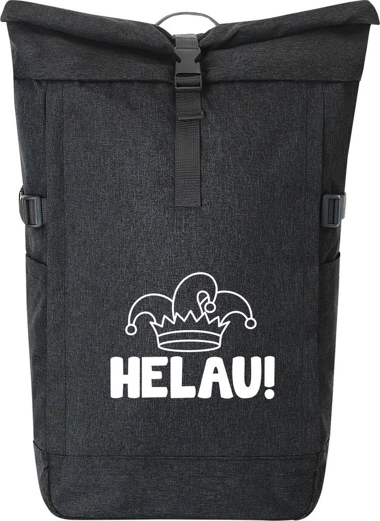 Huuraa Kurierrucksack Helau Narrenkappe 30-44 Liter Black Melange Fairtrade Rolltop Rucksack Geschenkidee