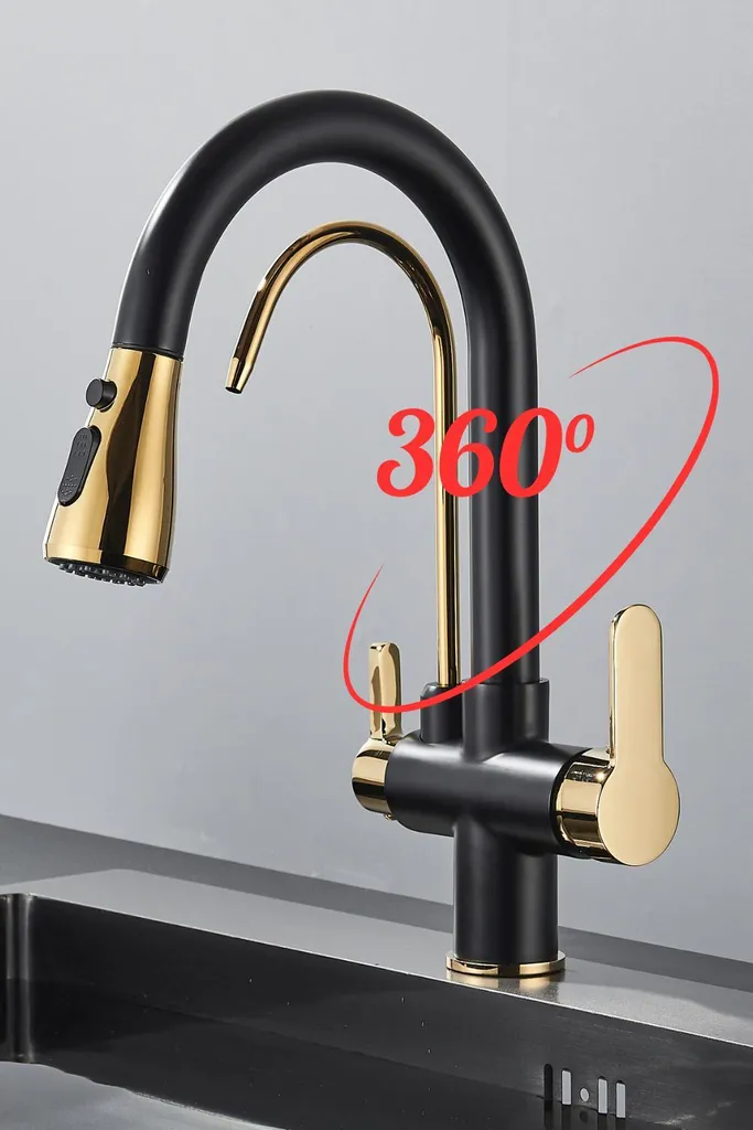 Rubinetto da cucina ARI a 3 vie estraibile nero-oro in ceramica - 5