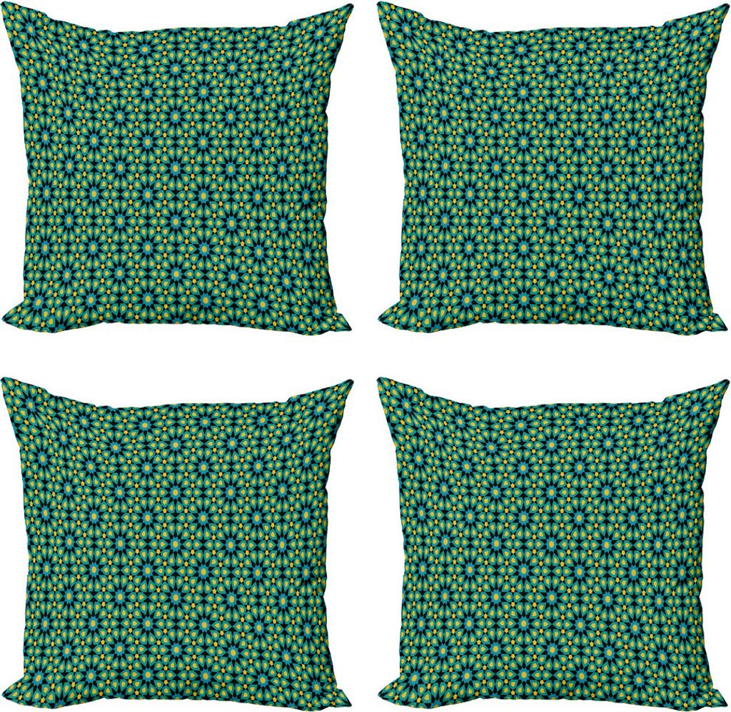 ABAKUHAUS Ethnisch Kissenbezug Set (4 Stück), Blumenmotive, Moderner Doppelseitiger Digitaldruck, 60 cm x 60 cm, Gelb Teal und Blau