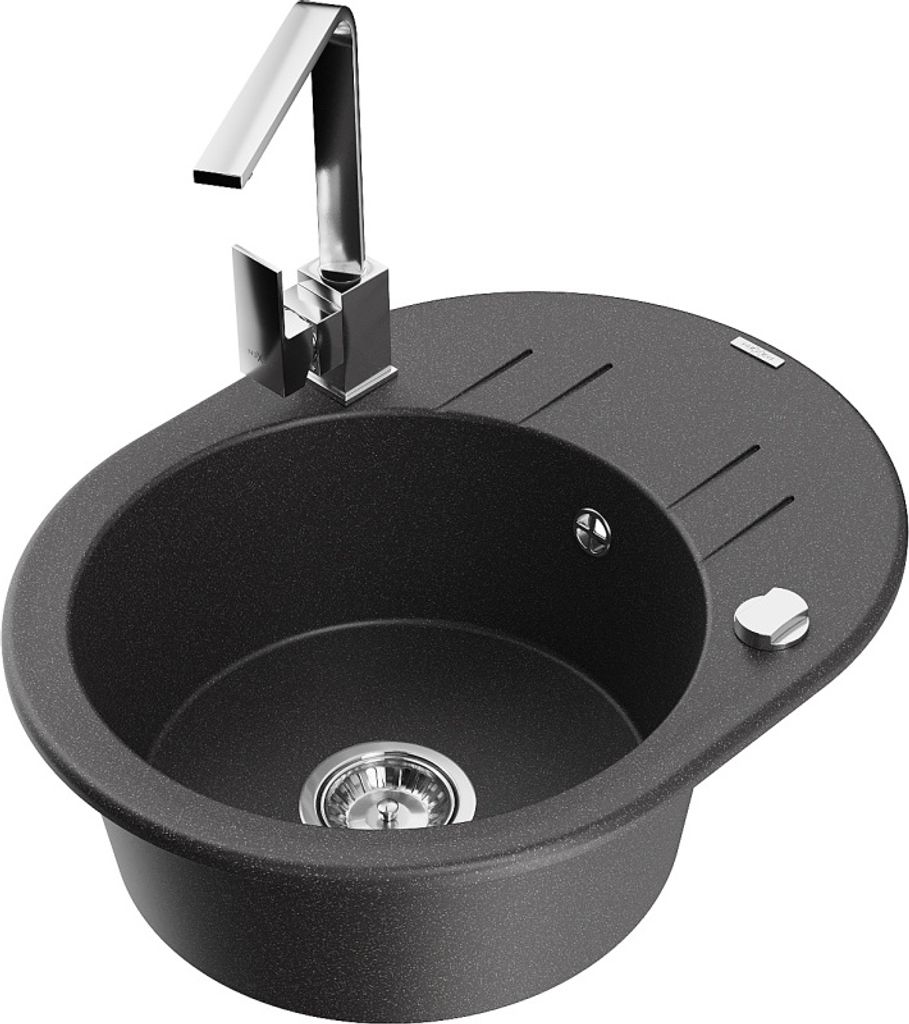 Mexen Kevin 1 Becken-Granitspüle mit Abtropffläche und Mischbatterie Rita, Schwarz gesprenkelt - 6517-76-670300-00
