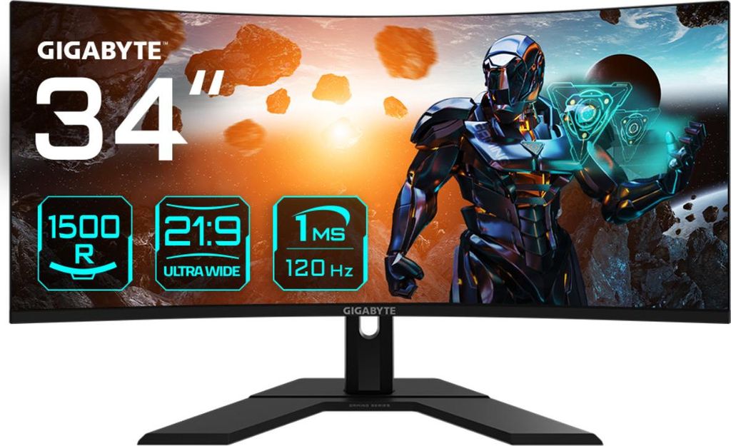 A curved gaming monitor displaying a futuristic warrior and game-related graphics and text.