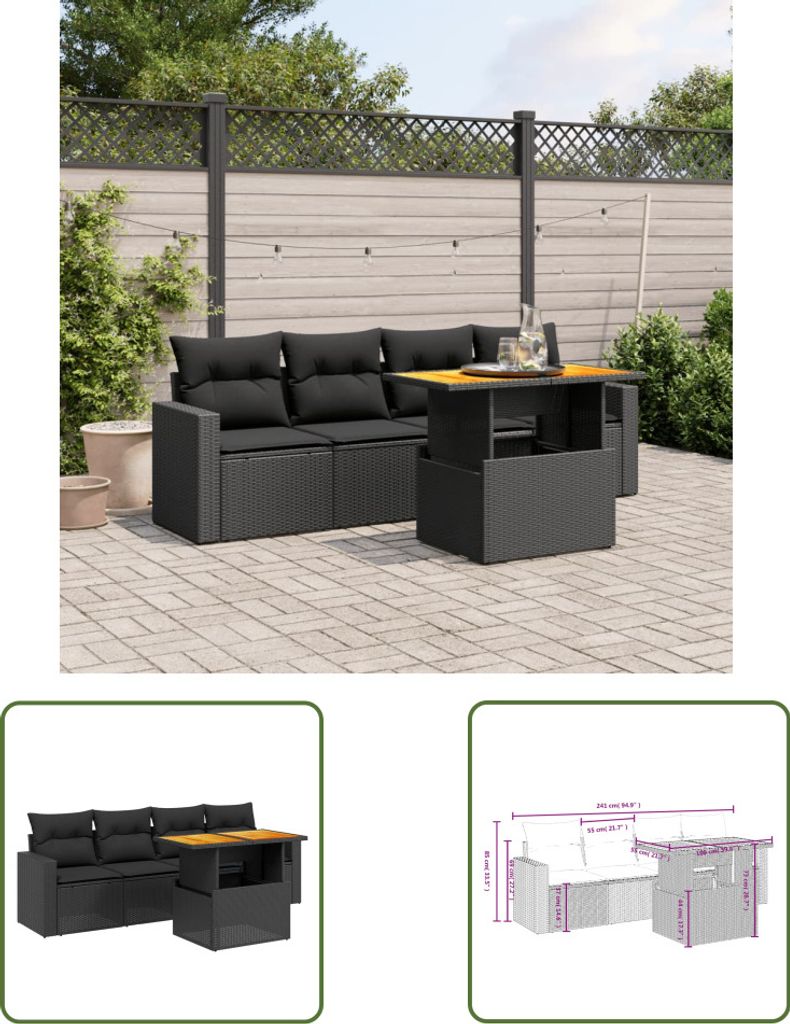 The Living Store 5-tlg. Garten-Sofagarnitur mit Kissen Schwarz Poly Rattan