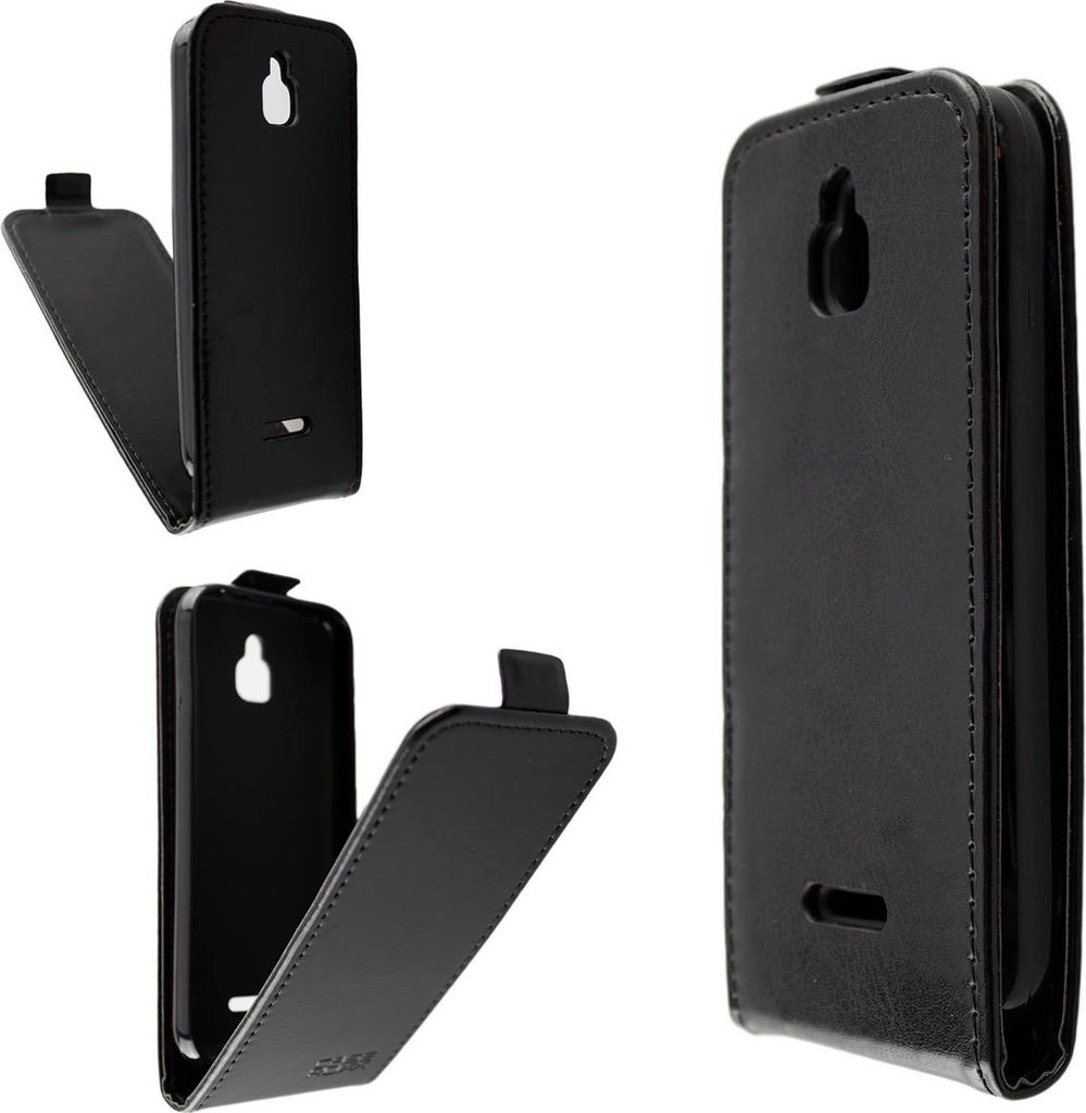 A black flip cover case for a smartphone is shown from multiple angles against a white background.
