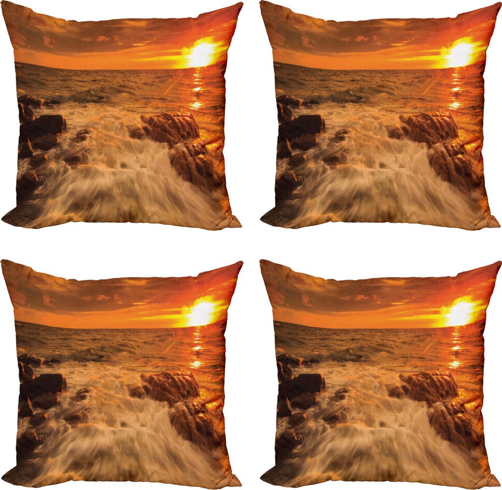 ABAKUHAUS Seestück Kissenbezug Set (4 Stück), Ozean mit Felsen bei Sonnenuntergang, Moderner Doppelseitiger Digitaldruck, 40 cm x 40 cm, Orange u...