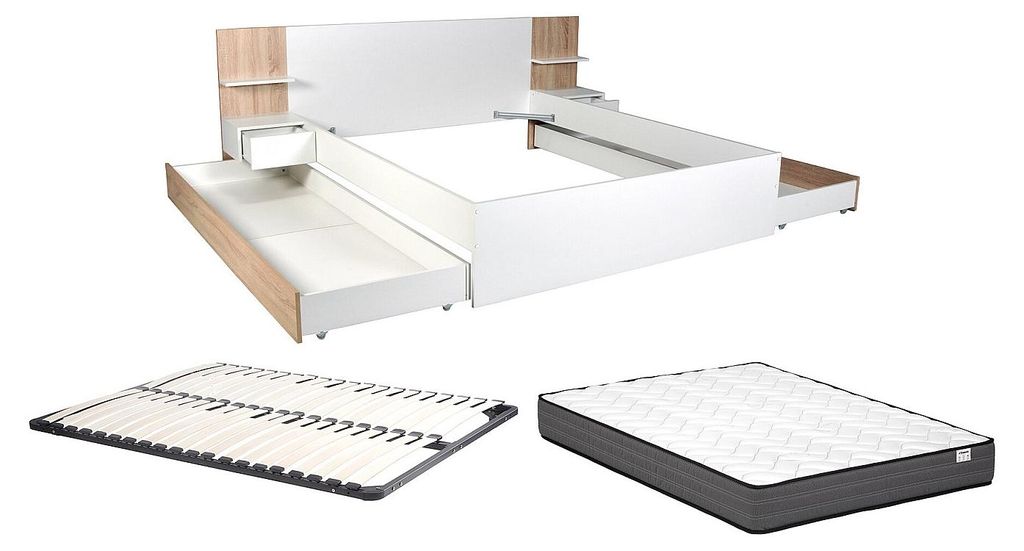 Bett mit Schubladen 160 x 200 cm – Mit 2 Nachttischen und Produktbild 