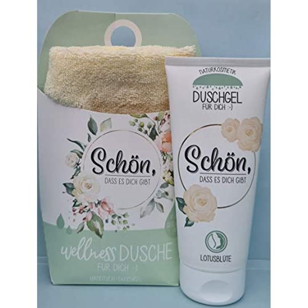 LaVida Relax-Geschenk-Set, Wellness Dusche,"Schön dass es Dich gibt", Duschgel- e Naturkosmetik mit einem Handtuch aus Baumwolle