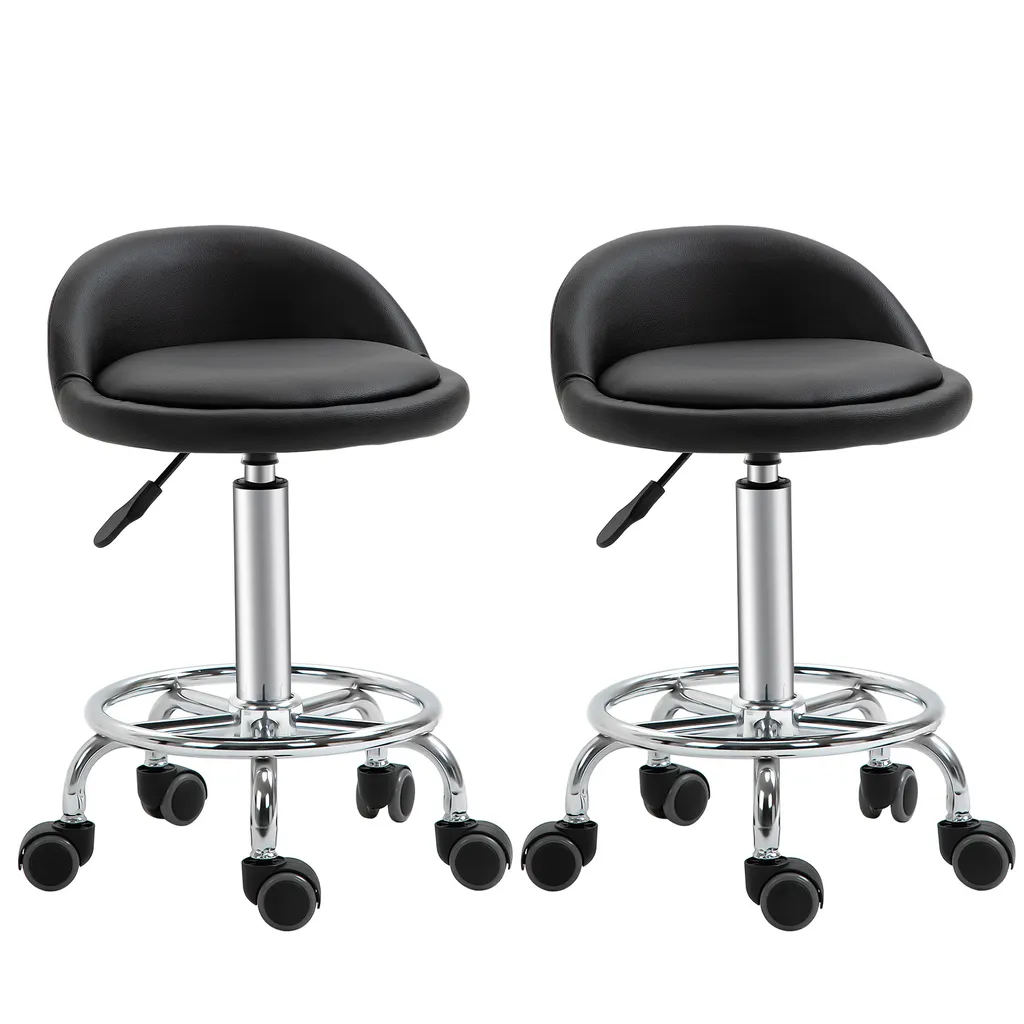 HOMCOM Lot de 2 Tabourets à Roulettes Pivotants Hauteur Réglable Noirs