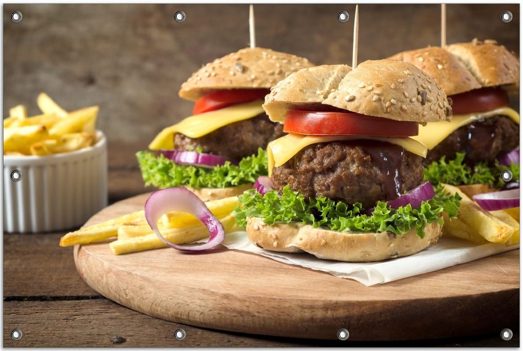 Wallario Outdoor-Poster für Garten oder Balkon, Motiv Saftige Burger auf Holzbrett, in ca. 80 x 120 cm